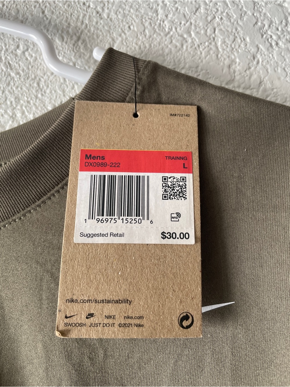 Nike Men's Olive Short Sleeve Dry-Fit Crew Tee with White Swoosh-NWT - Picture 5 of 5